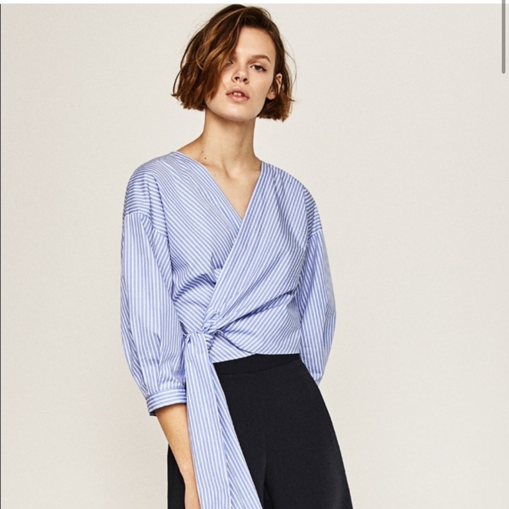 Zara Blue Striped Tie Waist Wrap Top